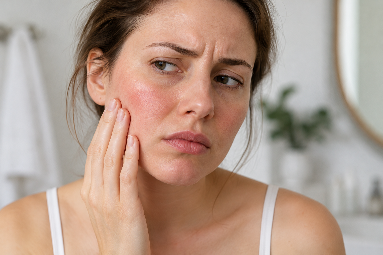 Woman experiencing facial irritation after applying skincare products