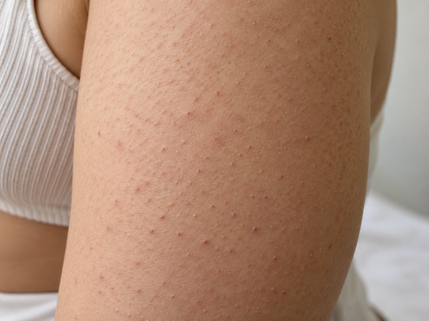 Close-up of keratosis pilaris bumps on upper arm