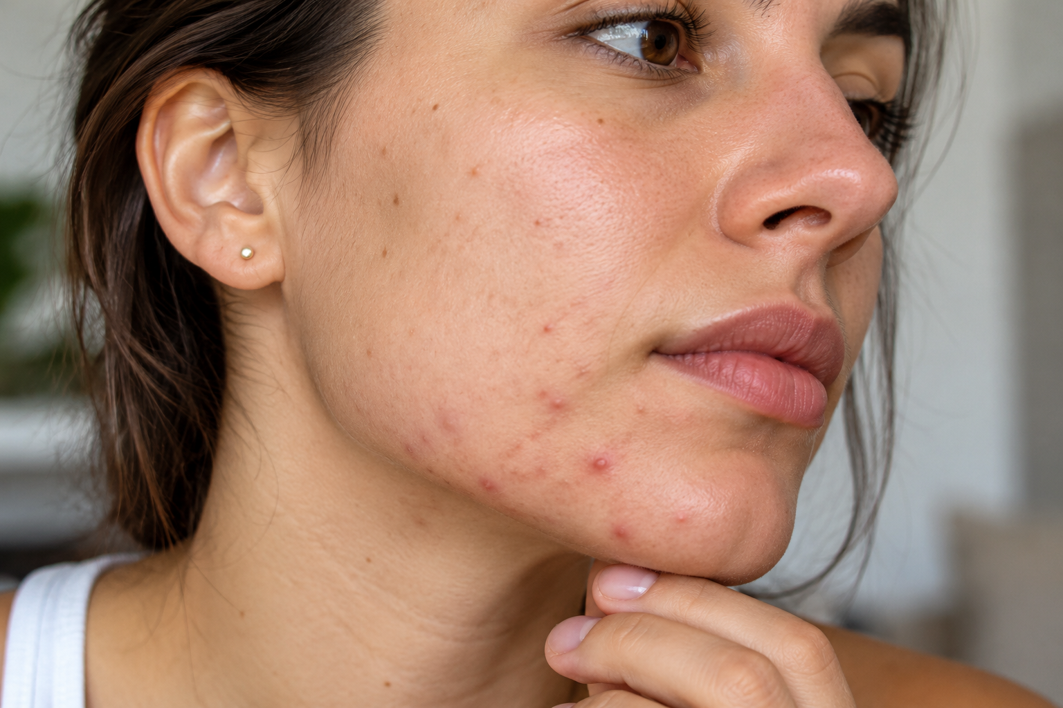 Adult woman with acne breakouts along the chin and jawline